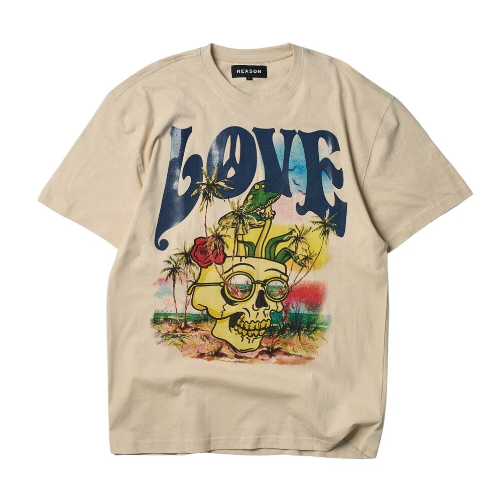 Reason T-Shirt Men’s L, XL, XXL Beige Love Hate Front & Back Graphic Print Skull